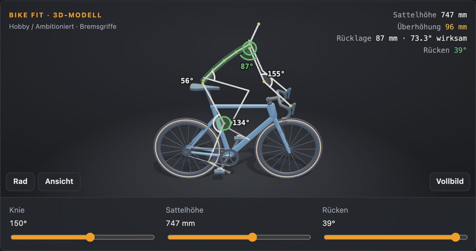 Ein Ergebnis von Radhaltung: die Sitzposition als Linienzug auf einem Rennrad, daneben Kniewinkel, Sattelhöhe, Überhöhung und Rückenwinkel.