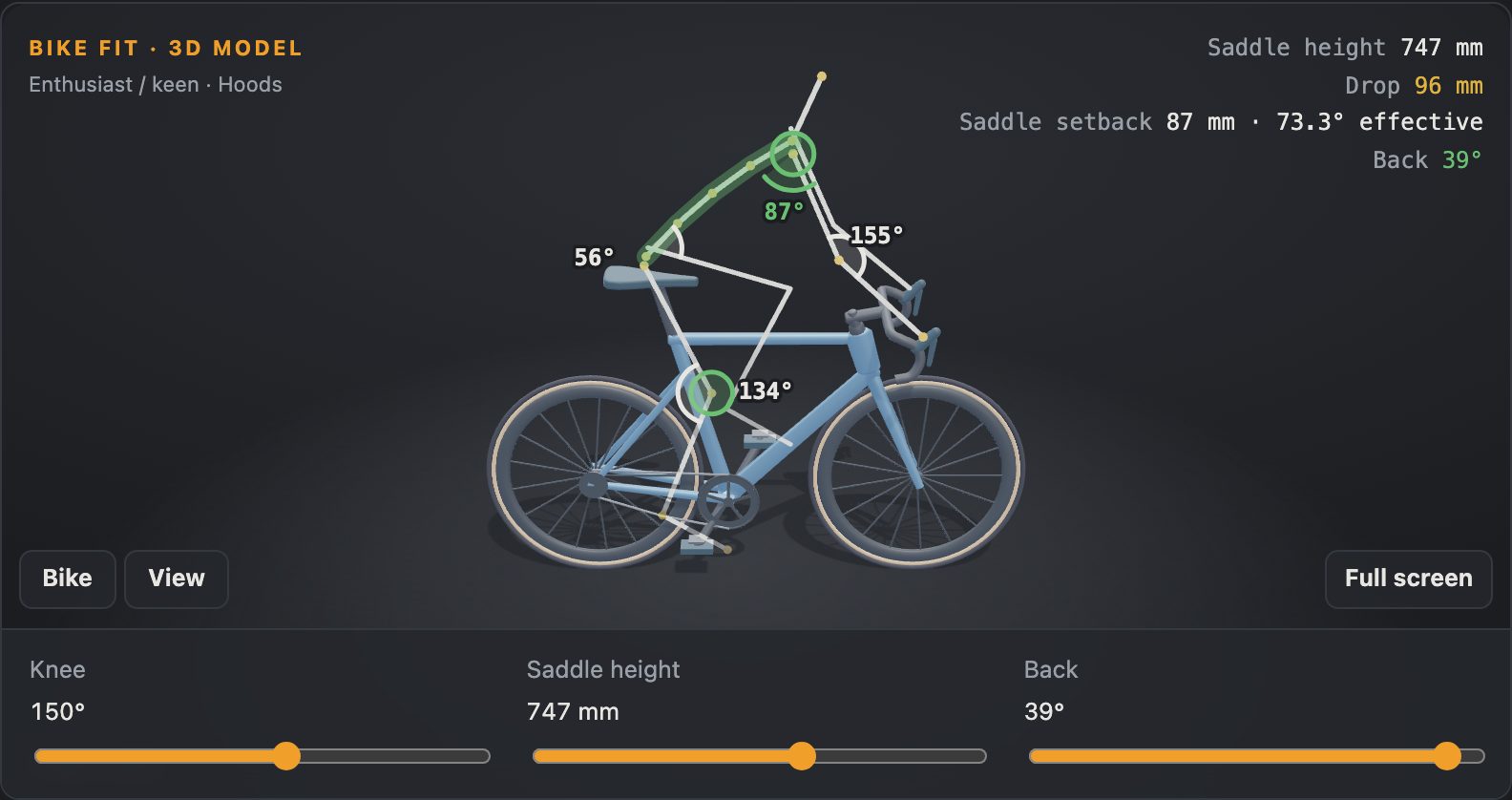 A Radhaltung result: the riding position as a line figure on a road bike, with knee angle, saddle height, drop and back angle alongside.